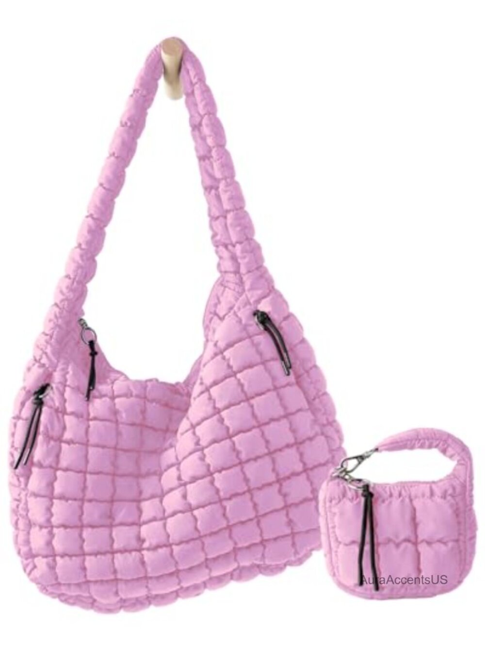Quilted Nylon Puffer Tote Bag with Mini Pouch, 5 Pockets, Shoulder Strap
